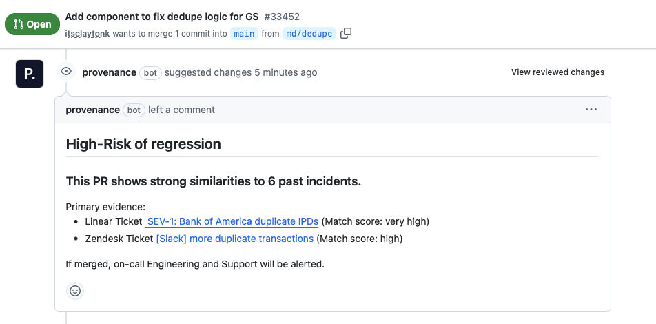 GitHub PR with Provenance identifying regression risk.